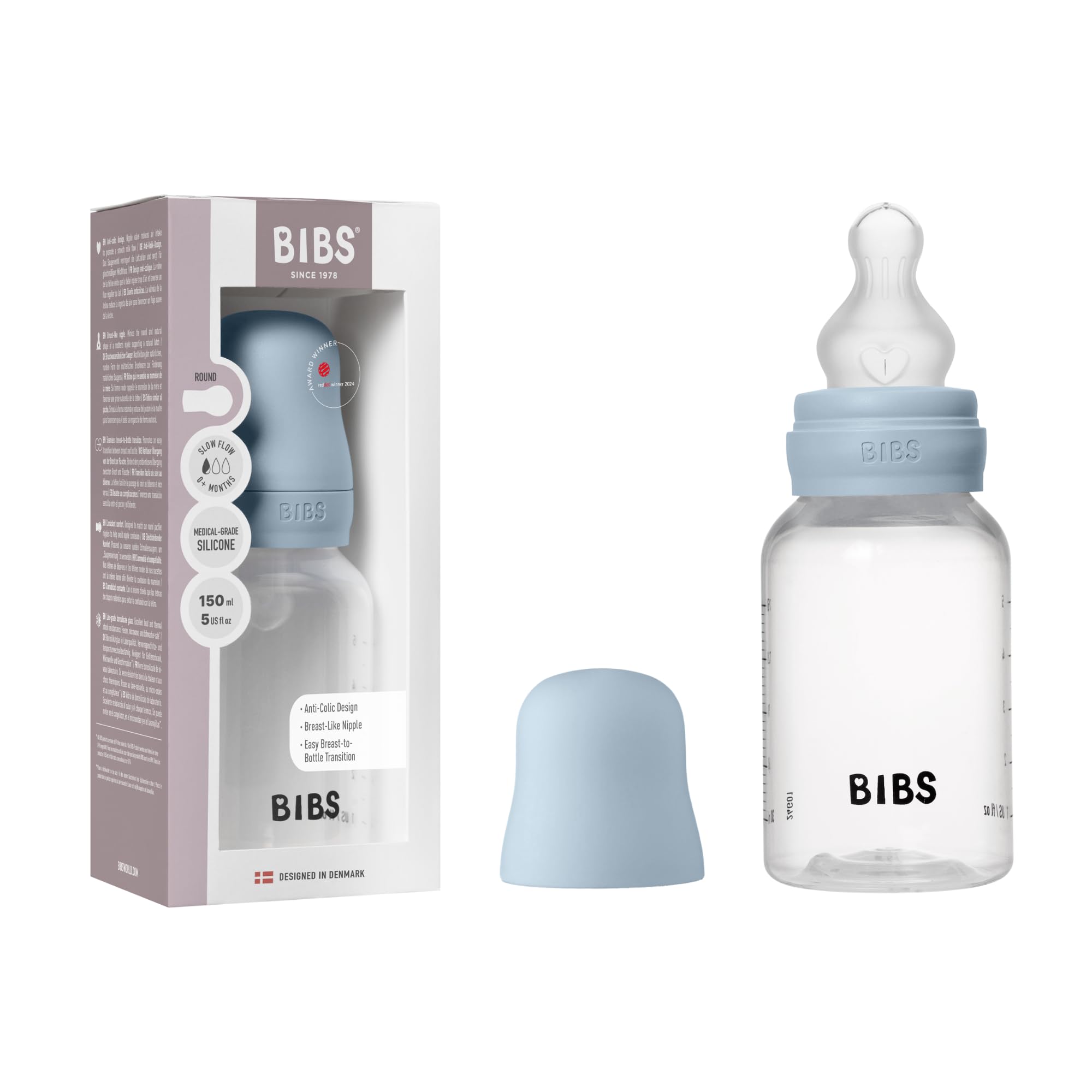 BIBS Baby Bottle 150 ml Silicone Nipple - Anti-Colic, BPA-Free, Round Nipple, Slow Flow, Lightweight & Easy to Clean, Suitable for Newborns 0+ Years - Baby Blue AMAZON