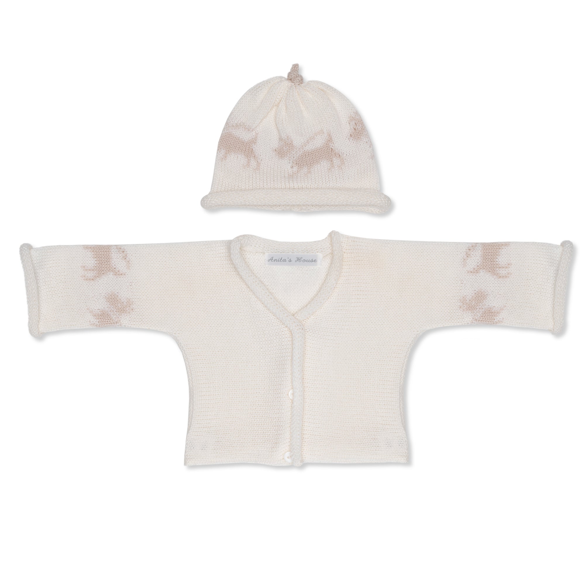 Anita's House Merino Cardigan and Hat - Beige Dogs