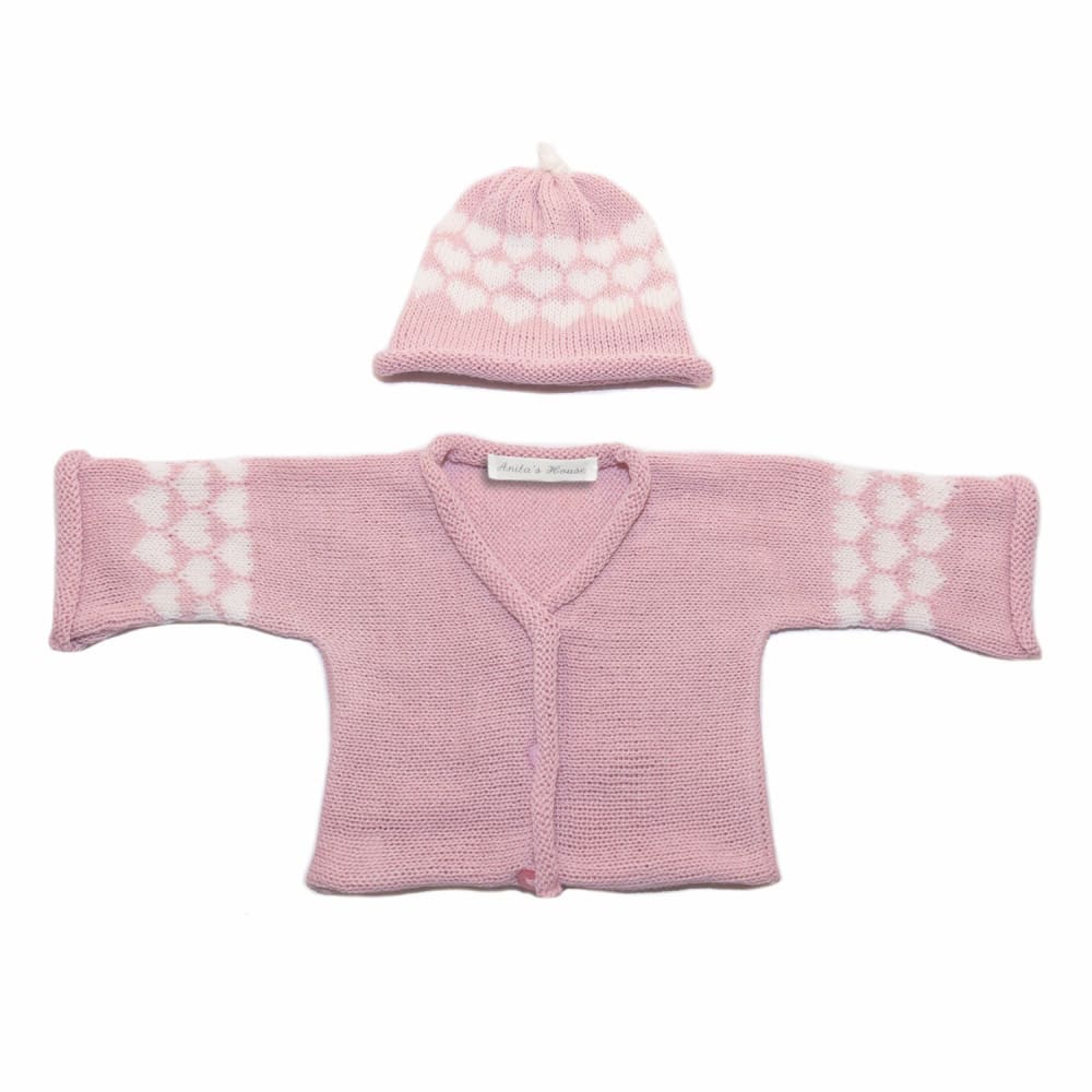 Anitas House Merino Hearts Cardigan And Hat 0-6Months / Pink With Ivory Baby Clothing