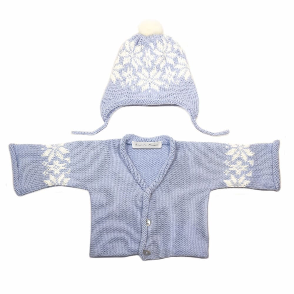 Anitas House Merino Snowflake Cardigan And Pom Hat 0-6Months / Pale Blue Baby Clothing