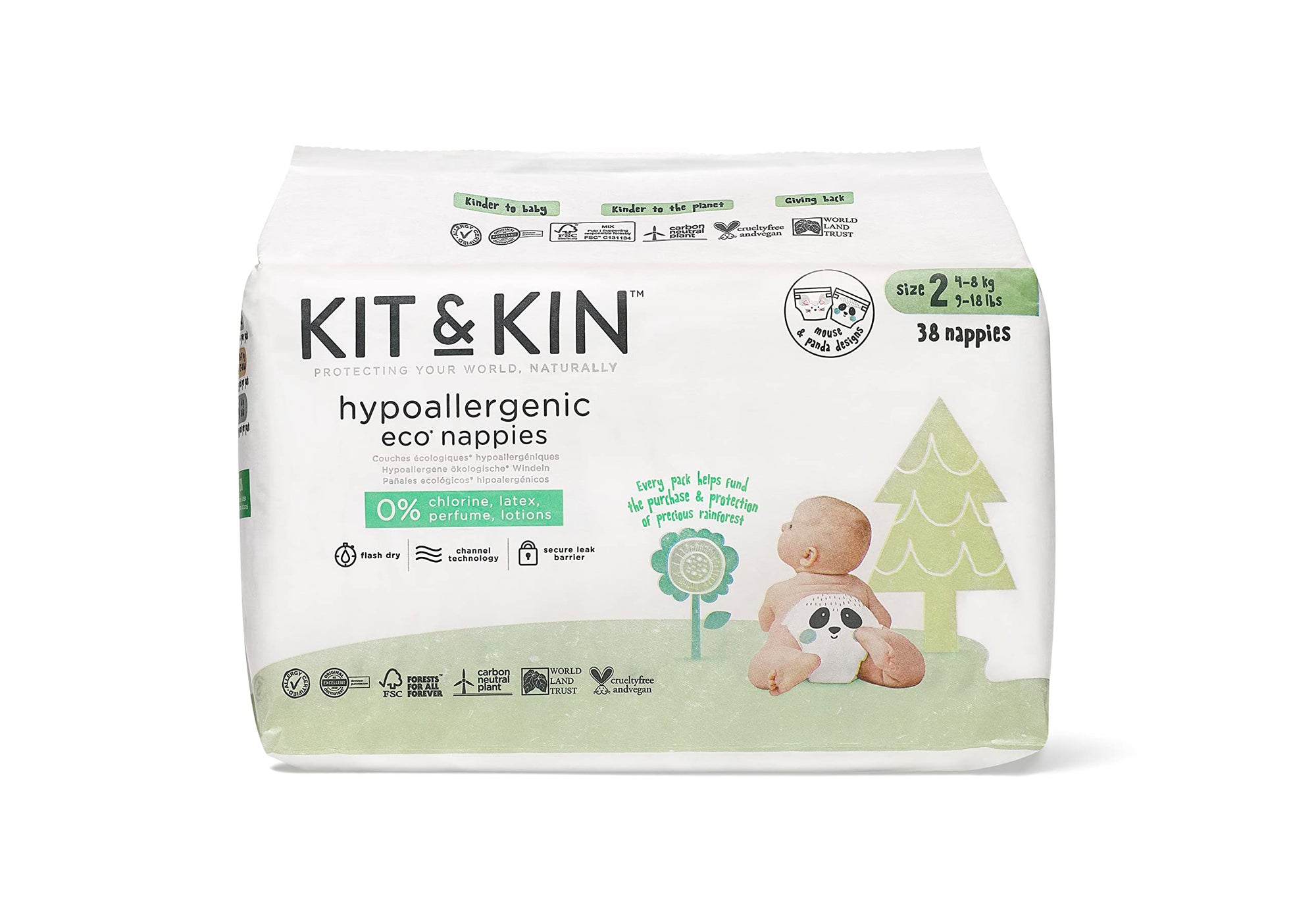 Kit & Kin Eco Nappies, Size 2, (20 x 6 Packs, 240 Nappies)